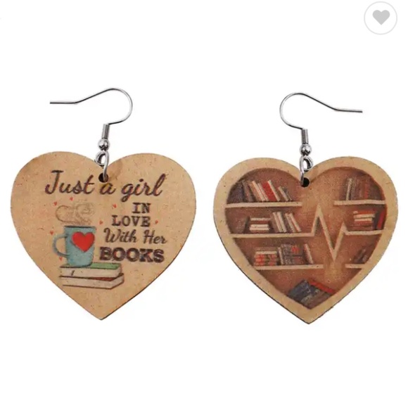 Vitalfinds Jewelry - Dangle Heart Bookshelf Earrings (Stamped Image)